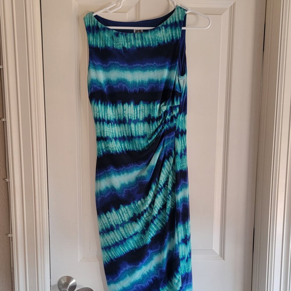 Anne Klein Blue Teal Abstract Sheath Dress Size 6 Ruched Side 40” Midi